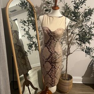 Guess Beige and Brown Snake Print Midi Dress